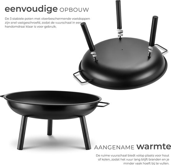tectake® Brasero Diablo - Acier résistant à la chaleur - Brasero avec tisonnier - Ø 57,5 cm - Foyer de jardin - Foyer d'ambiance d'extérieur - Avec poignées et système d'évacuation de l'eau - Pour le bois de chauffage et le charbon de bois