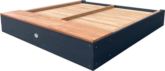 Bac à sable AXI Mandy XXL avec espace de rangement et couvercle - Avec banc et tableau à craie - Toile de protection incluse - 160 x 151 cm - Anthracite/Marron