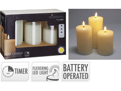 Lot de 3 bougies LED Nampook avec minuterie et flamme vacillante – Ivoire – Cire