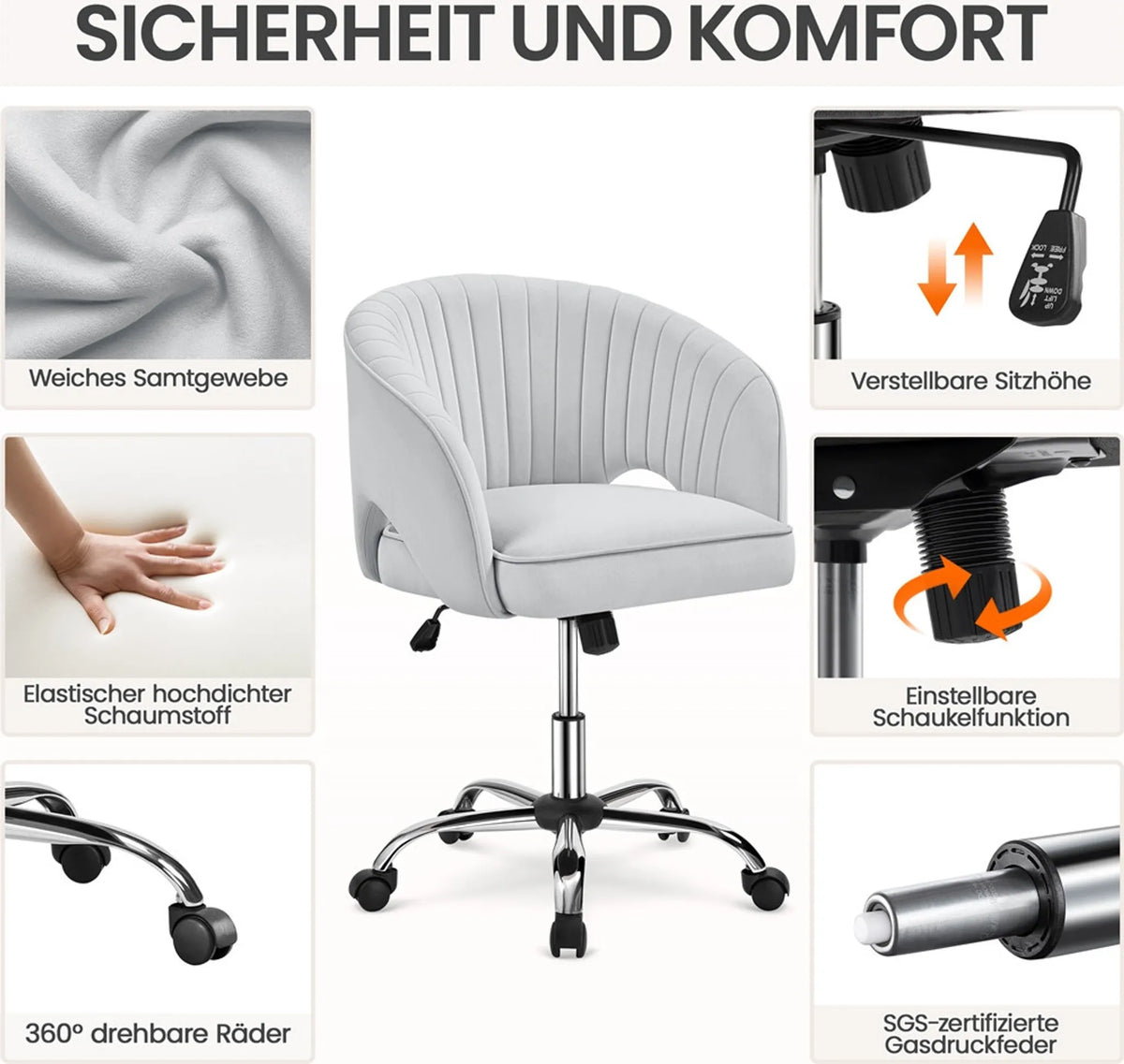 Yaheetech Fauteuil de bureau Fauteuil - 60 x 56,5 x 73-83 cm - avec rembourrage doux et velouté, hauteur d'assise réglable et fonction relaxante - pour le bureau et la salle de réception - polyester gris clair et métal