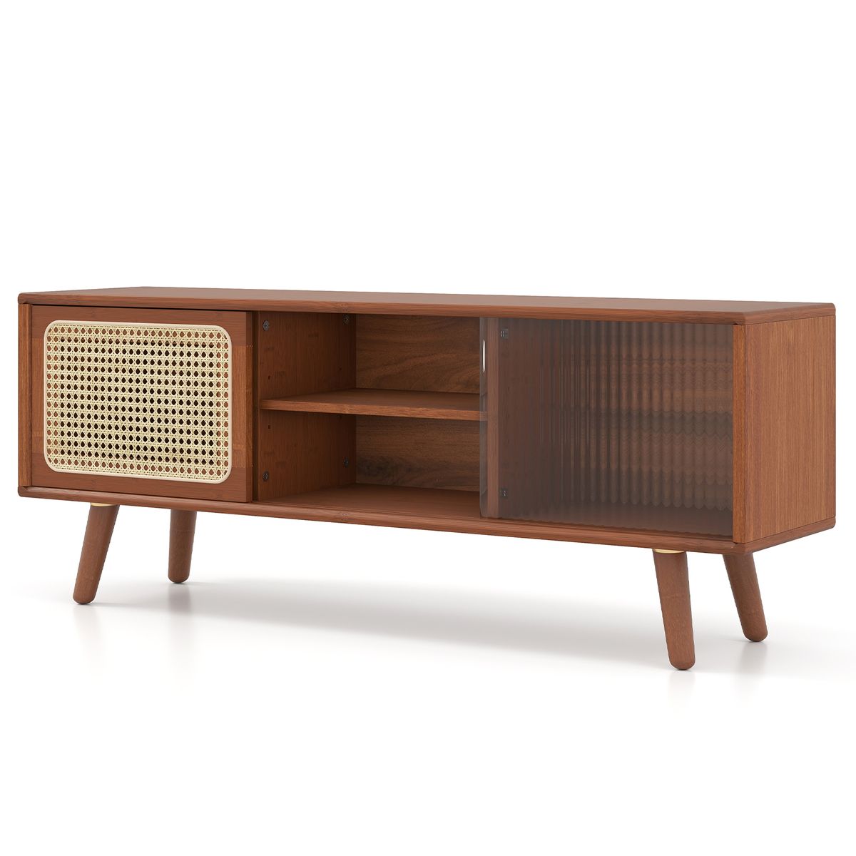 Meuble TV Coast - bambou avec porte coulissante en osier et verre - étagère réglable - marron - 120,5 x 31 x 45,5 cm