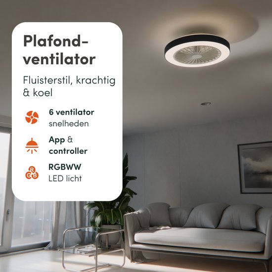 Ventilateur de plafond Avacy avec éclairage - Ventilateur-plafonnier - Plafonnier - LED RGBW - Tuya Wi-Fi Smart - Télécommande - ⌀ 50 cm - Noir
