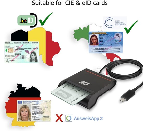 Lecteur de carte à puce eID USB-C externe ACT, compatible avec les cartes d'identité belges AC6020