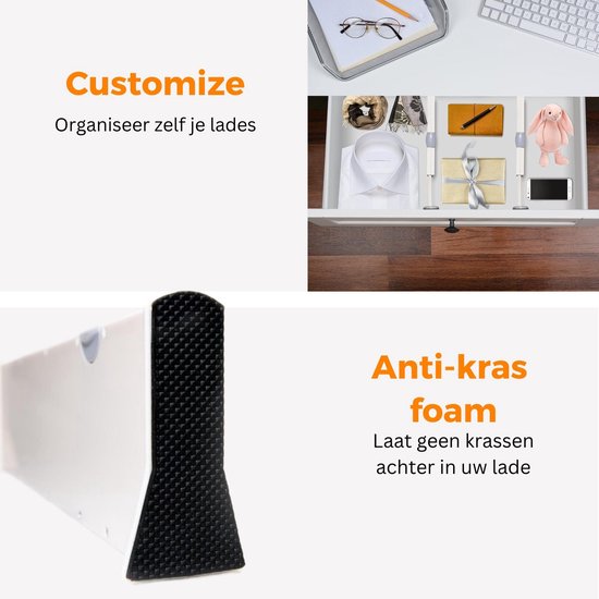 Posity Séparateur de tiroirs - ajustable et extensible - 4 pièces - Organisateur de tiroirs - 28-43.5 cm - Pour la cuisine, la chambre à coucher et les vêtements - Plastique - Blanc