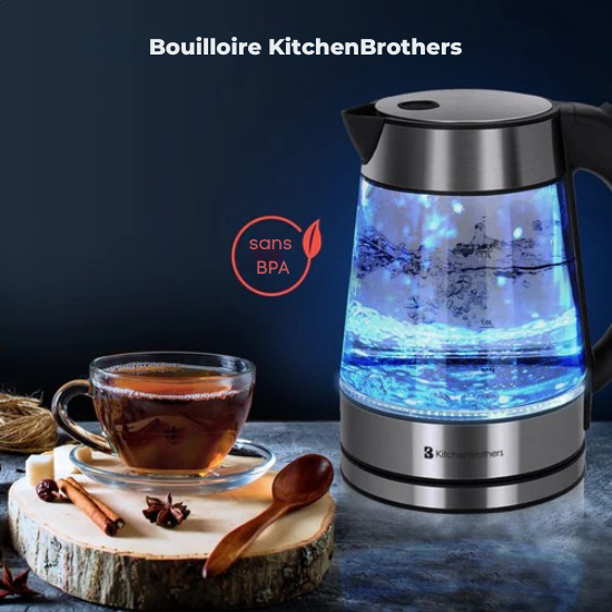 Bouilloire électrique - KitchenBrothers - 1,7L - 2200W - Verre - Acier Inoxydable
