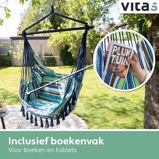 Vita5 XXL Chaise suspendue - Intérieur et extérieur - 2 coussins inclus - compartiment à livres - adultes - enfants - capacité de charge maximale 150kg - bleu/vert/blanc