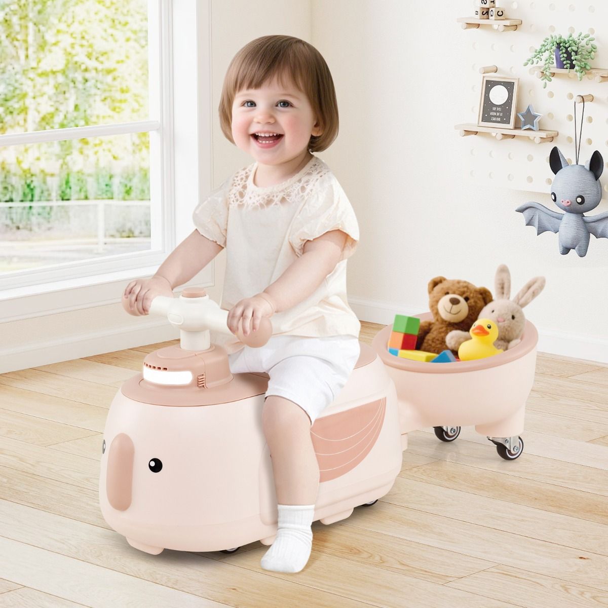 Voiture à pédales Coast avec remorque - Chansons et lumières - Espace de rangement - Beige et rose