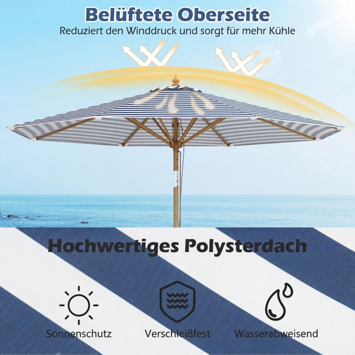 Parasol en bois Coast 270 cm - rayures bleues et blanches