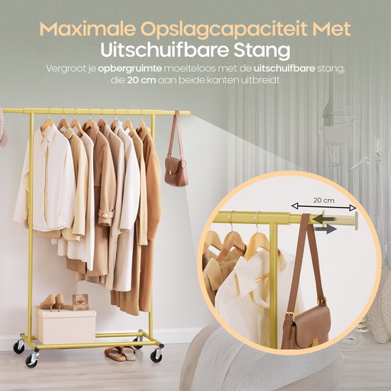 O'DADDY® Porte-vêtements sur roulettes - Porte-vêtements - Porte-vêtements réglable - Porte-vêtements extensible - Stable jusqu'à 90 kg - Porte-vêtements de rangement - Doré - 160 cm