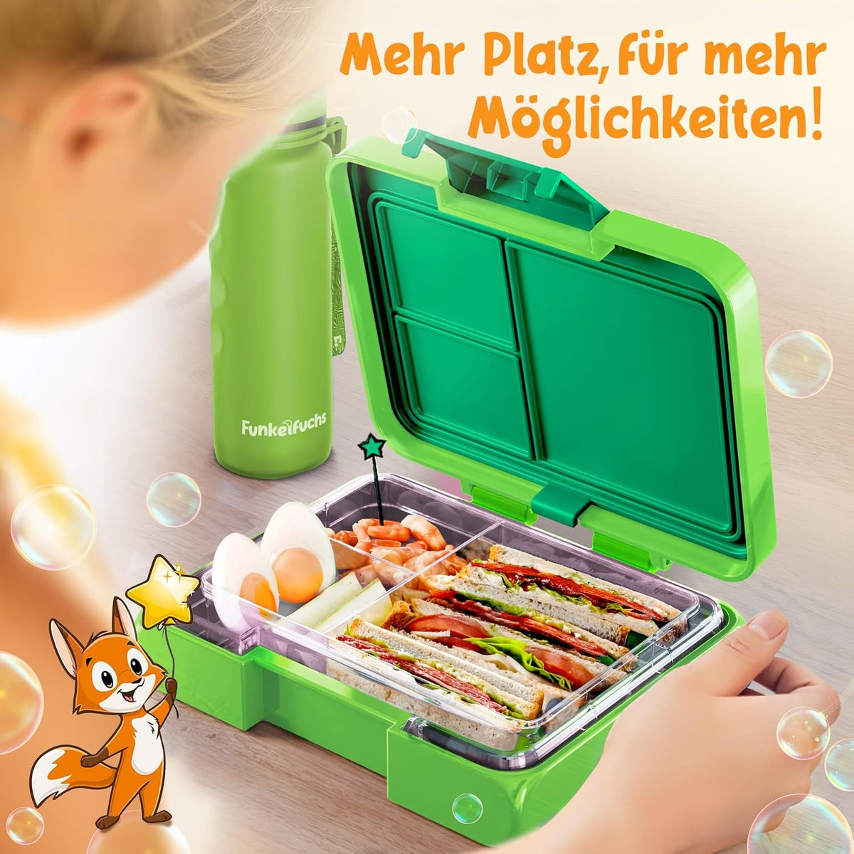 Boîte à repas Funkelfuchs Sternchen - 500 ml - 3 compartiments - Verte
