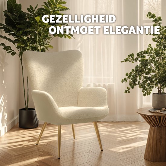 tectake® Fauteuil à oreilles de style scandinave - Teddy chair Hygge - Chaise de salon, chambre à coucher - Chaise longue - Pieds en métal doré - Capacité jusqu'à 150 kg - Crème