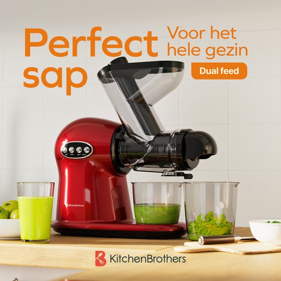 KitchenBrothers Slowjuicer XL - Extracteur de jus - Presse légumes et fruits - Alimentation 43 mm et 70 mm - 500 ml - Rouge