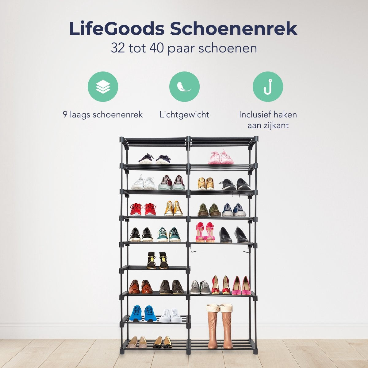 LifeGoods Rangement pour chaussures - avec crochet - multifonctionnel - 9 couches - 32 paires de chaussures - métal - noir