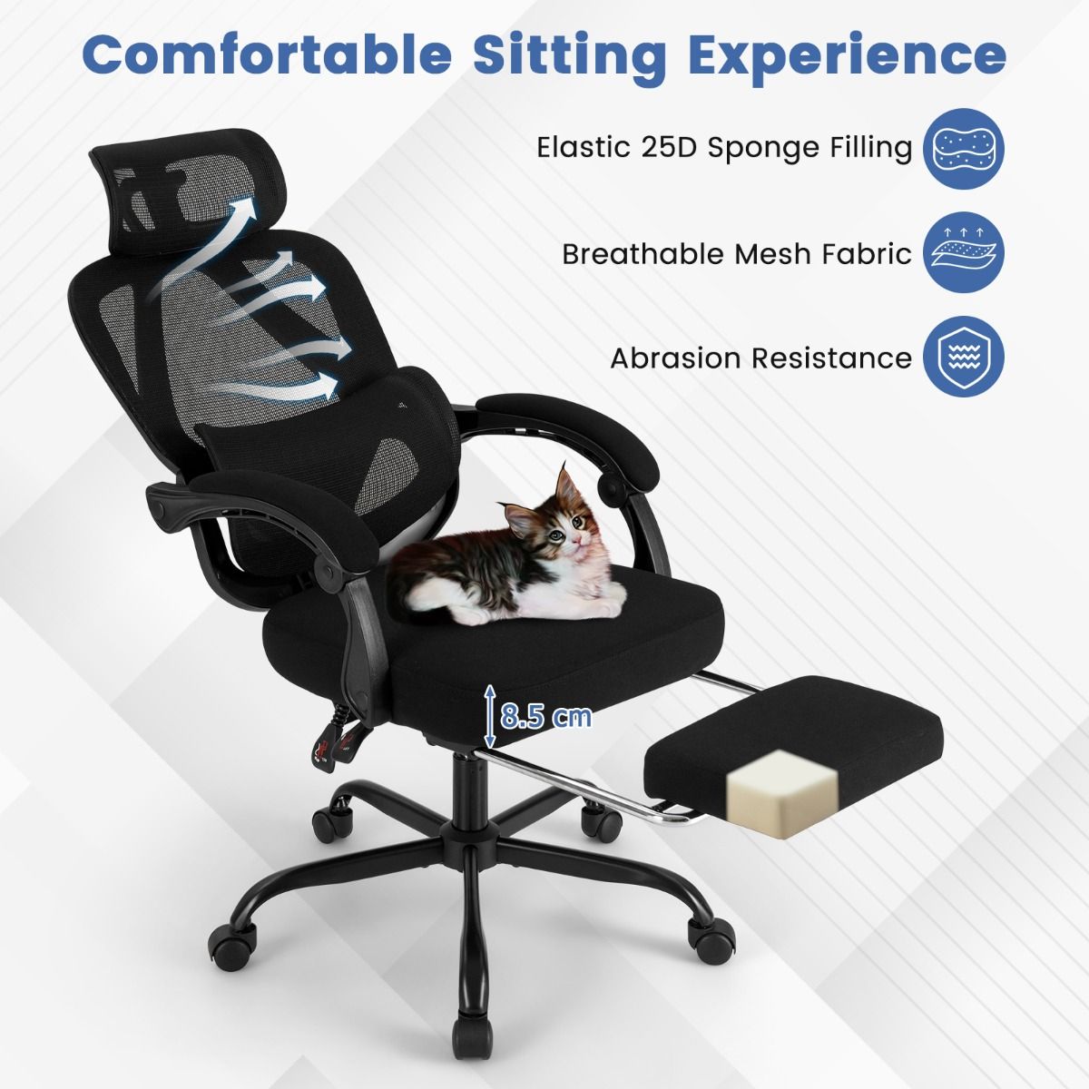 Chaise de bureau ergonomique Coast - dossier et appui-tête réglables - repose-pieds rétractable - noir