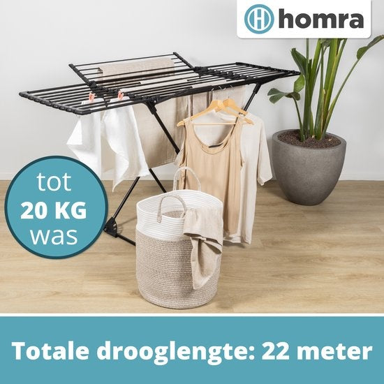 Homra étendoir à linge pliable - jusqu'à 22m de lavage - étendoir à linge pliable - étendoir à linge peu encombrant - étendoir à linge - séchage écologique du linge - 182x97x103 CM - métal noir - convient aux familles nombreuses
