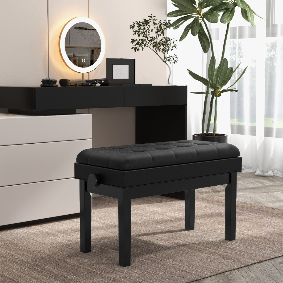 Banc réglable pour piano à queue avec rangement et coussin rembourré imperméable - 6 x 36 x 48-58 cm - Noir