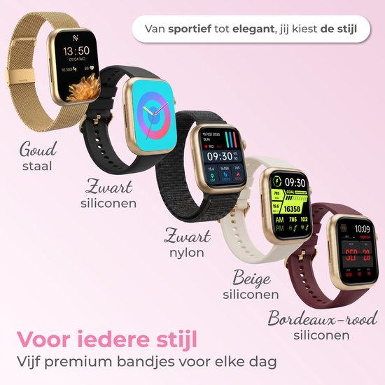 Montre connectée Nuvance pour femme - Montre podomètre pour femme - Cardiofréquencemètre - Montre de sport - Compatible iOS/Android - Écran AMOLED - 5 bracelets inclus - Couleur or
