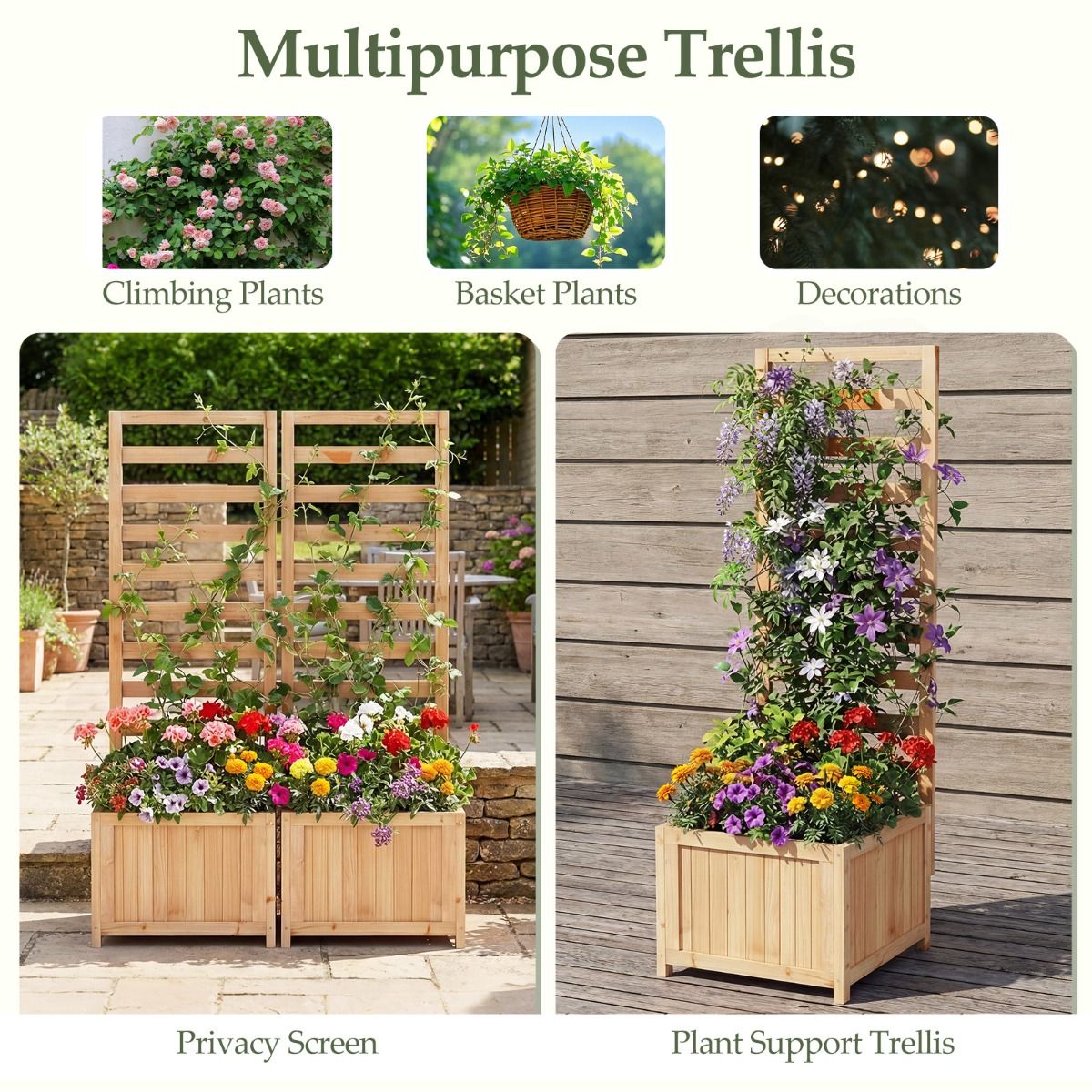Jardinière surélevée en bois Coast avec treillis d'escalade - avec trous de drainage - panneaux réglables - couleur naturelle - 123 cm