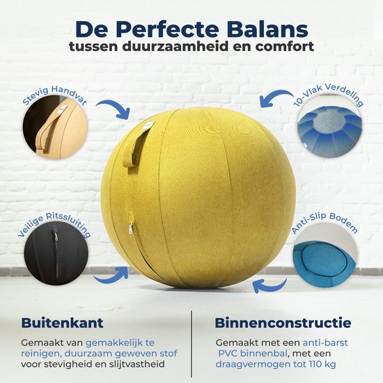 Ballon de siège Backerz 65 cm - Ballons de siège avec housse en lin - Chaise de bureau ergonomique pour le bureau et la maison - Ballon de yoga de luxe - Jaune