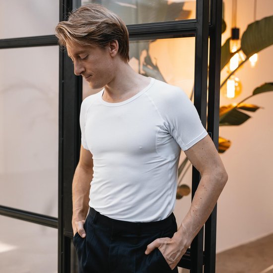 Tshirt Anti transpiration - Fibershirts® - Coussinets d'aisselles cousus - Maillot de corps - Blanc - Col rond - Hommes - Taille L