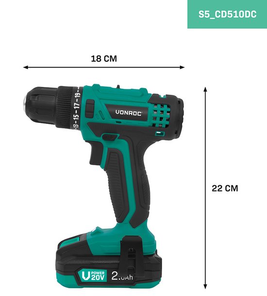 VONROC Perceuse sans fil 20V - 19 positions de vissage + position de perçage - Batterie 2.0Ah, chargeur rapide et 46 accessoires inclus dans une mallette de luxe