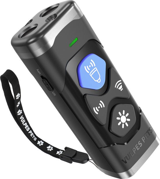 Vulpes Goods® Dispositif anti-aboiement à ultrasons - Dispositif anti-aboiement 4-en-1 Max - Sans choc - Collier anti-aboiement alternatif - pour petits et grands chiens - Audio - Lampe de poche - Lampe de poche - Rechargeable par USB