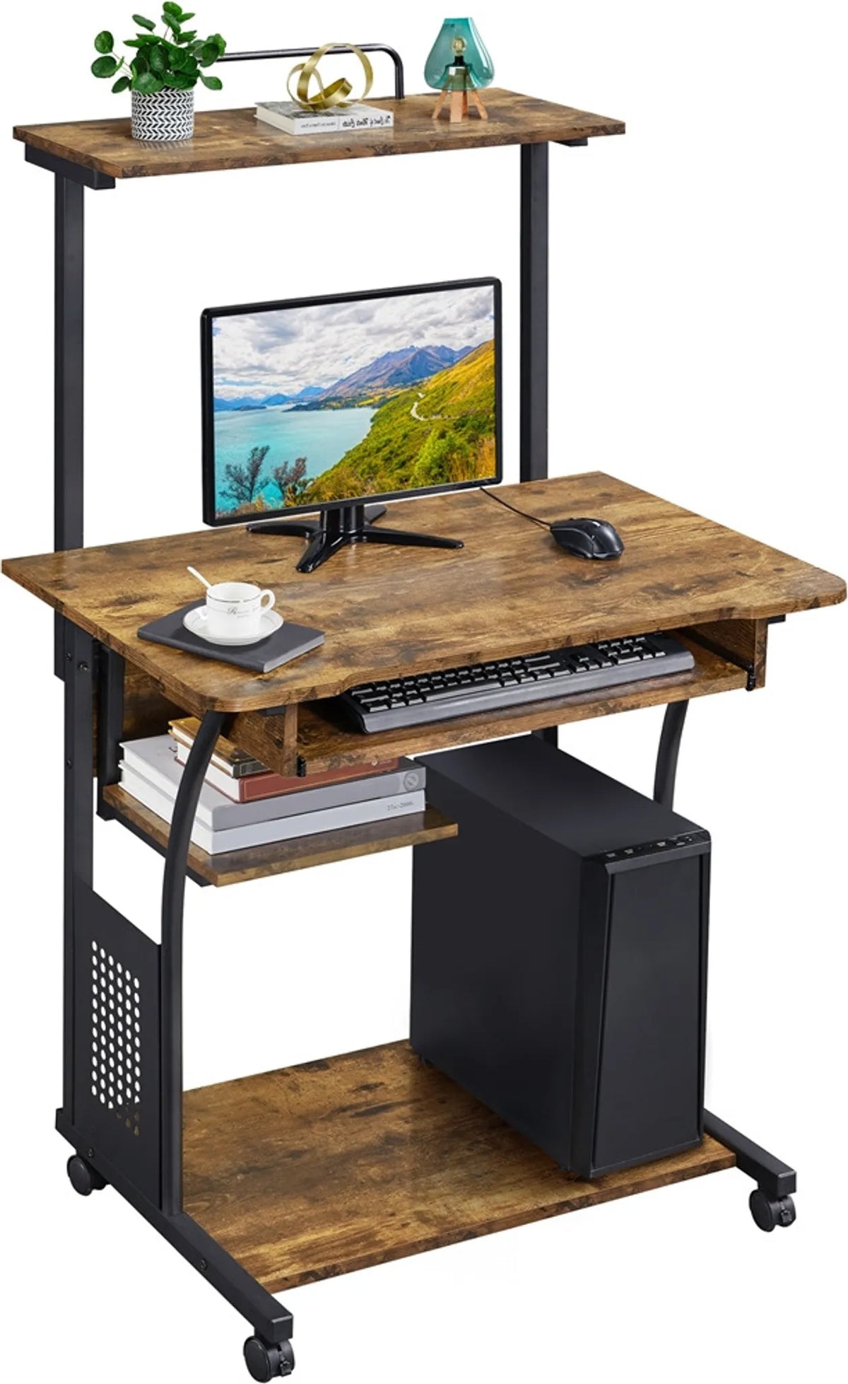 Bureau d'ordinateur Yaheetech avec étagères de rangement et roulettes - 80,5 x 60 x 132 cm - Marron rustique