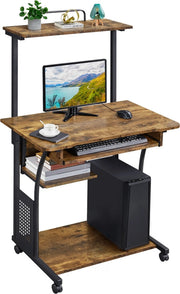 Bureau d'ordinateur Yaheetech avec étagères de rangement et roulettes - 80,5 x 60 x 132 cm - Marron rustique