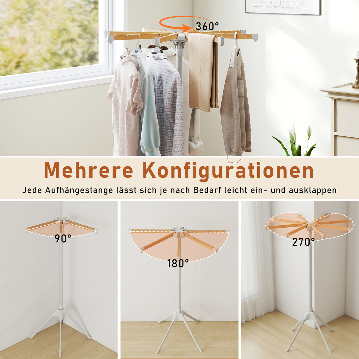Séchoir à linge pliable Coast avec 8 tiges en bambou