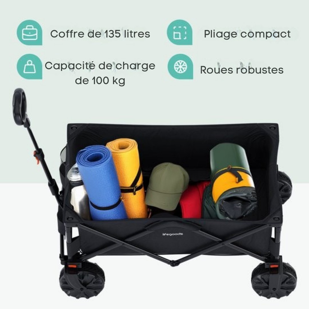 LifeGoods Wagon - Pliable - 100KG - 135L - Wagon pliable avec roues amovibles - Housse de protection - Noir