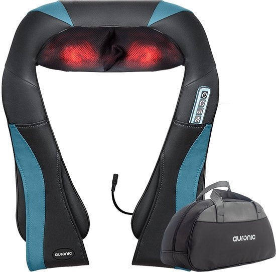 Auronic Shiatsu Massage Cushion - Appareil de massage électrique pour la nuque - Appareils de massage - Nuque et épaules - Infrarouge - Mallette de transport incluse - Noir/Bleu