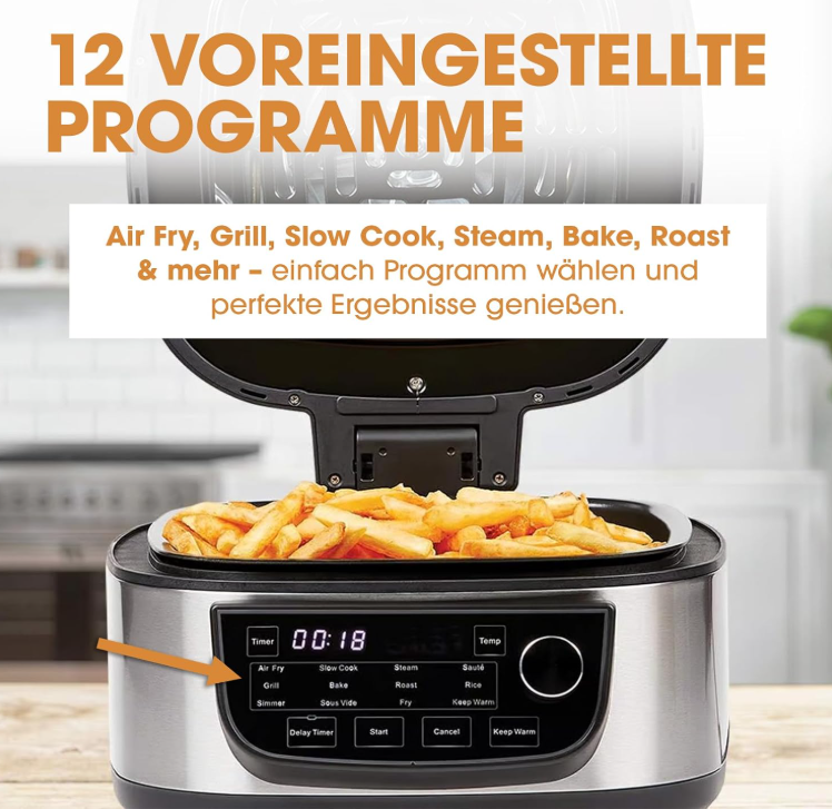 PowerXL Multi-cuiseur 12-en-1 sans plaque de cuisson - 5,7 L - 1 200 W - Argent/Noir - Friteuse à air chaud et mijoteuse