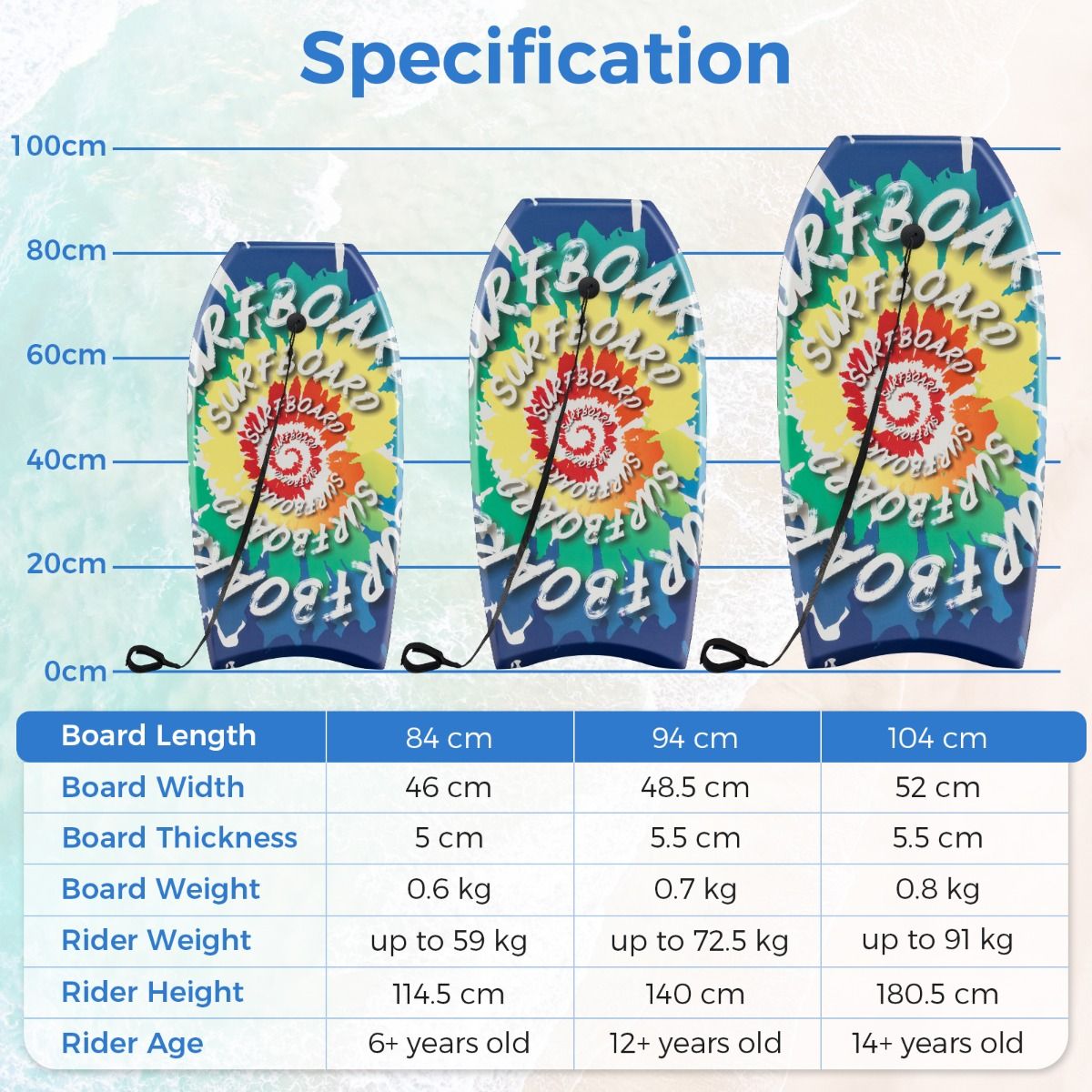 Bodyboard Coast pour enfants - planche de surf légère - avec dragonne - 84 cm - bleu