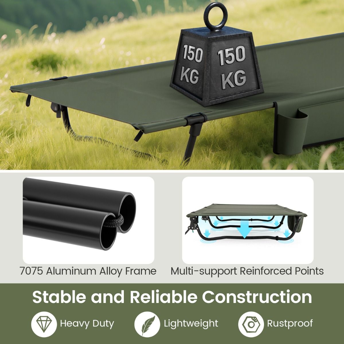 Lit de camping pliable Coast - ultra-léger - avec poche latérale et compartiment pour oreiller - vert