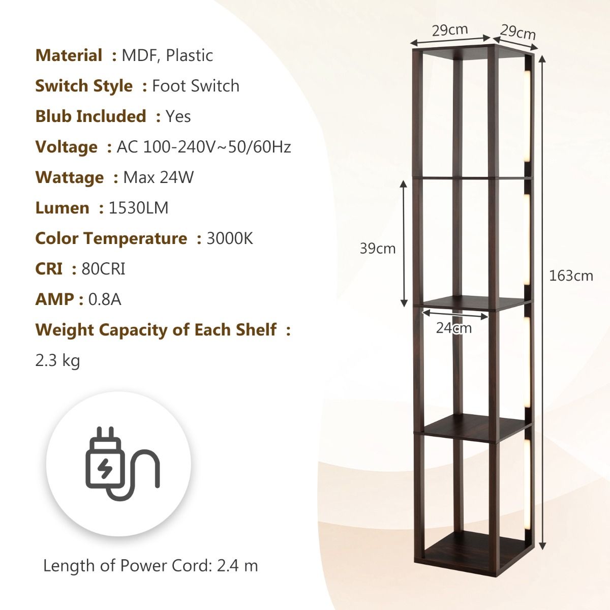Lampadaire Coast avec étagères de rangement - Éclairage LED à 3 niveaux de luminosité réglables - 4 étagères - marron - 163 cm