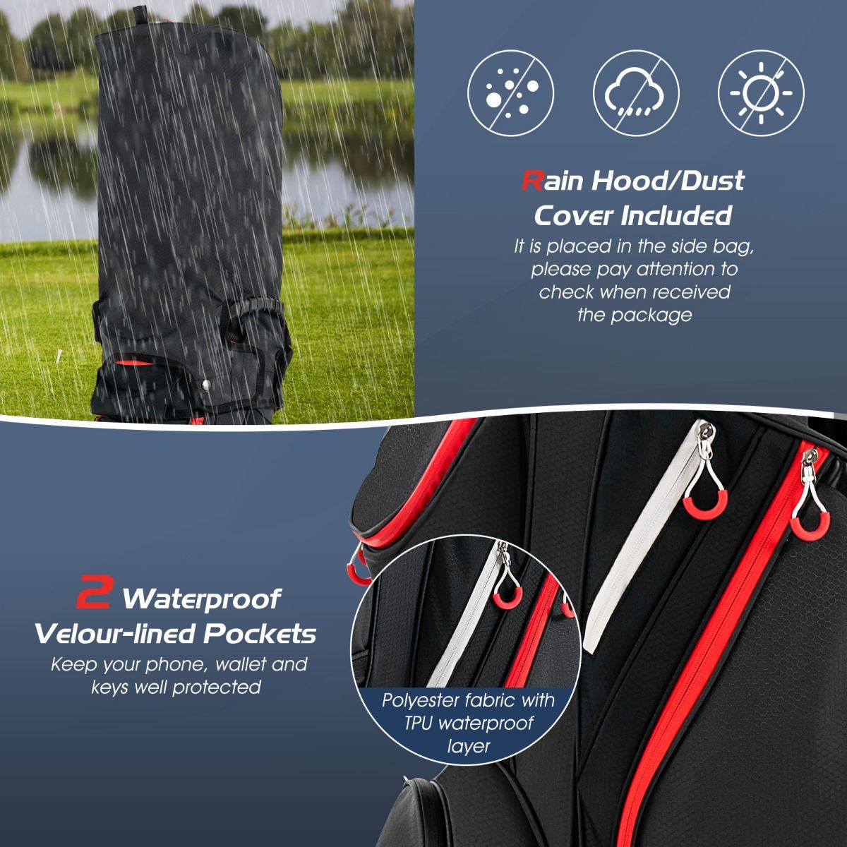 Sac de golf Coast avec housse de pluie - 14 compartiments - léger - rouge et noir
