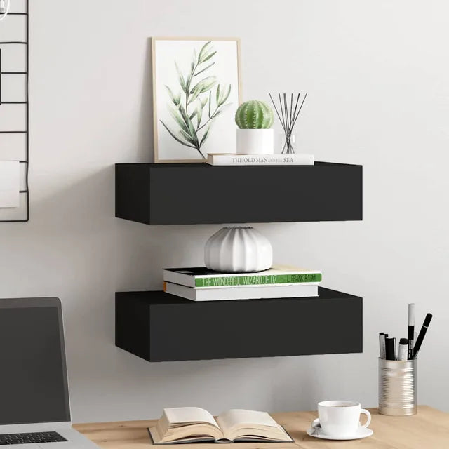 vidaXL Ensemble de 2 étagères murales avec tiroir - 40 x 23,5 x 10 cm - MDF et métal - Noir