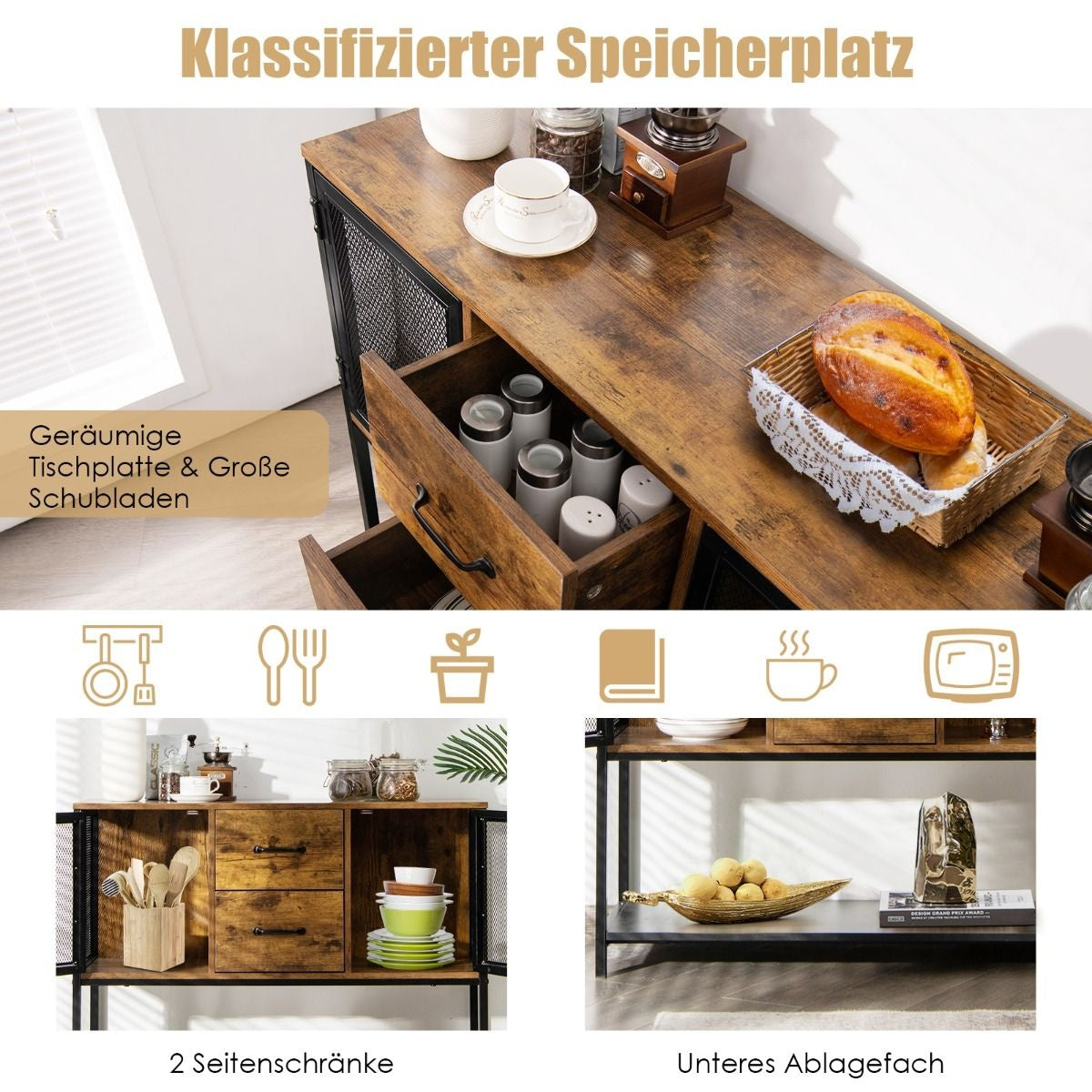 Coast Buffet industriel multifonctionnel avec 2 armoires grillagées et 2 tiroirs 100 x 35 x 85 cm
