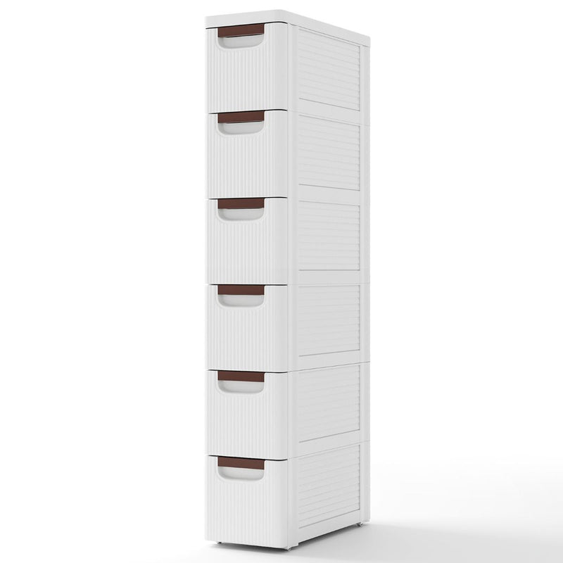 Meuble de rangement étroit Coast sur roulettes - 6 tiroirs - Surface striée - Blanc 42 x 19 x 74 cm