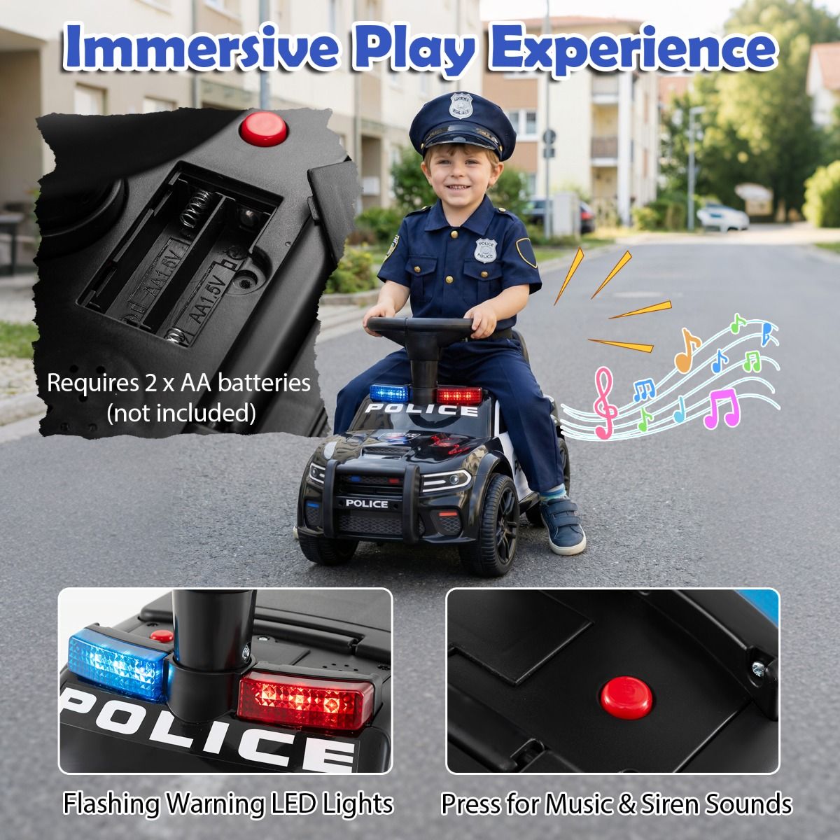 Voiture de police électrique Coast pour enfants - Gyrophares et musique - Espace de rangement sous le siège - Noir