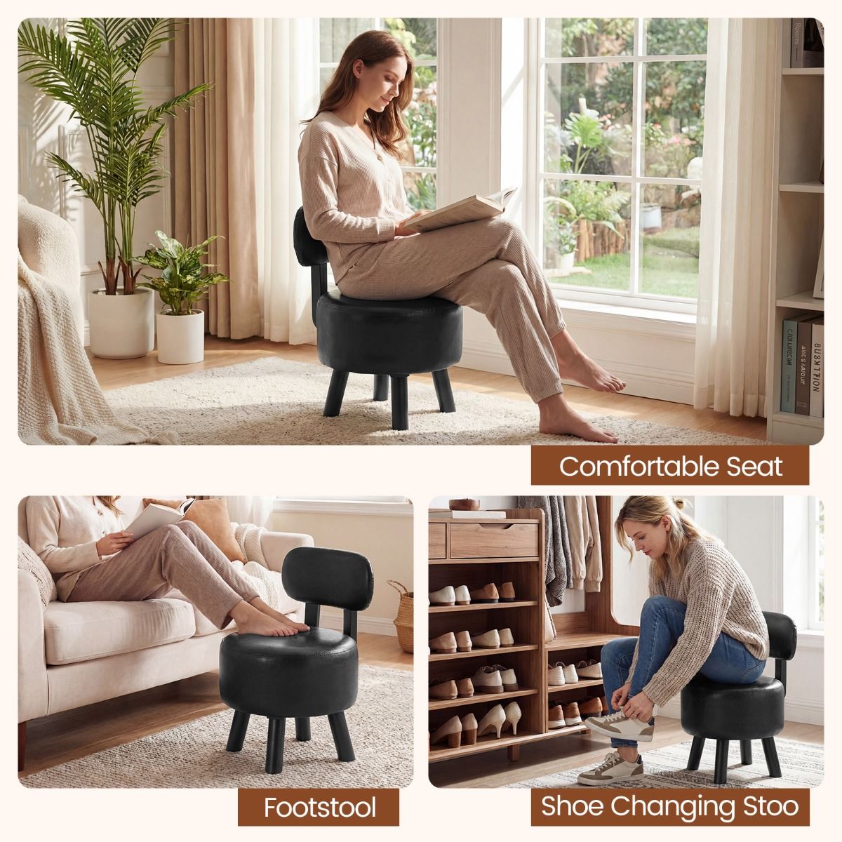 Pouf Coast avec dossier - pouf rembourré - simili cuir - noir - lot de 2