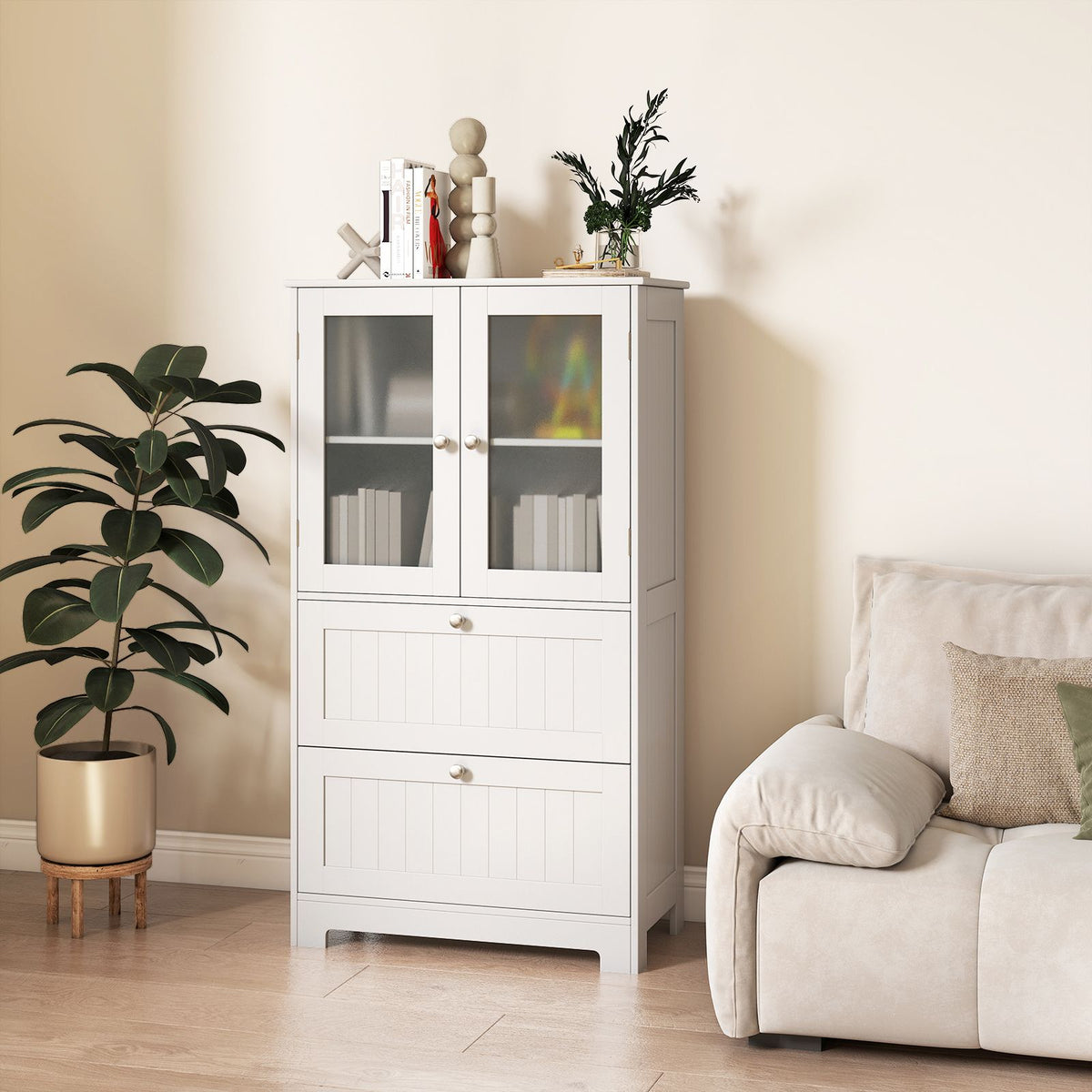 Coast Freestanding Bathroom Cabinet - 2 tiroirs et 2 portes en verre dépoli - étagère réglable - 60 x 30 x 108 cm - blanc