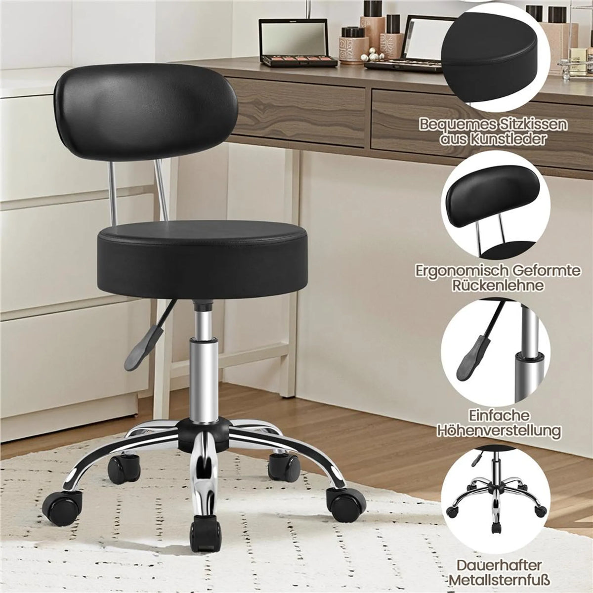 Yaheetech Tabouret de maquillage - 52 x 44,5 x 75,5-85 cm - équipé d'un coussin d'assise de 10 cm d'épaisseur et d'une rotation à 360° et d'une structure en métal chromé - pour salon et coiffeuse - simili cuir noir et métal
