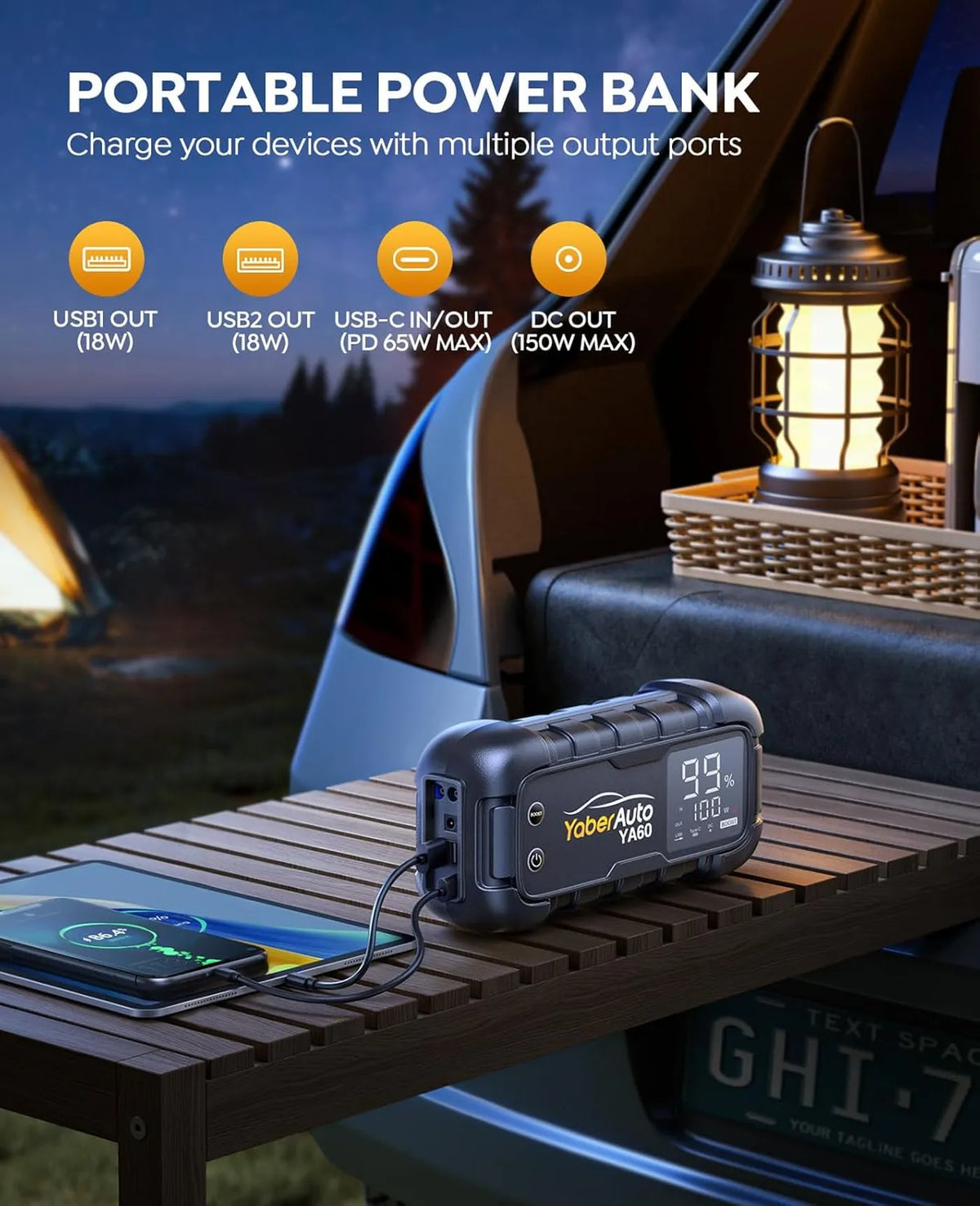 YaberAuto YA60 Jumpstarter 8000 A - 26 800 mAh - Charge rapide 65 W, LED
