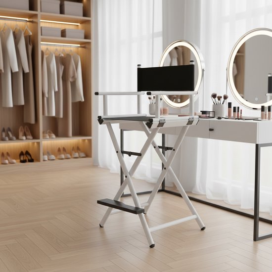VDD – Chaise - Tabouret – Chaise pliante - Chaise de maquillage – Fauteuil de maquillage – Fauteuil de réalisateur – Chaise de coiffure – Tabouret de maquillage – Tabouret de coiffure - Chaise de maquillage - Blanche - Pliable - Avec dossier