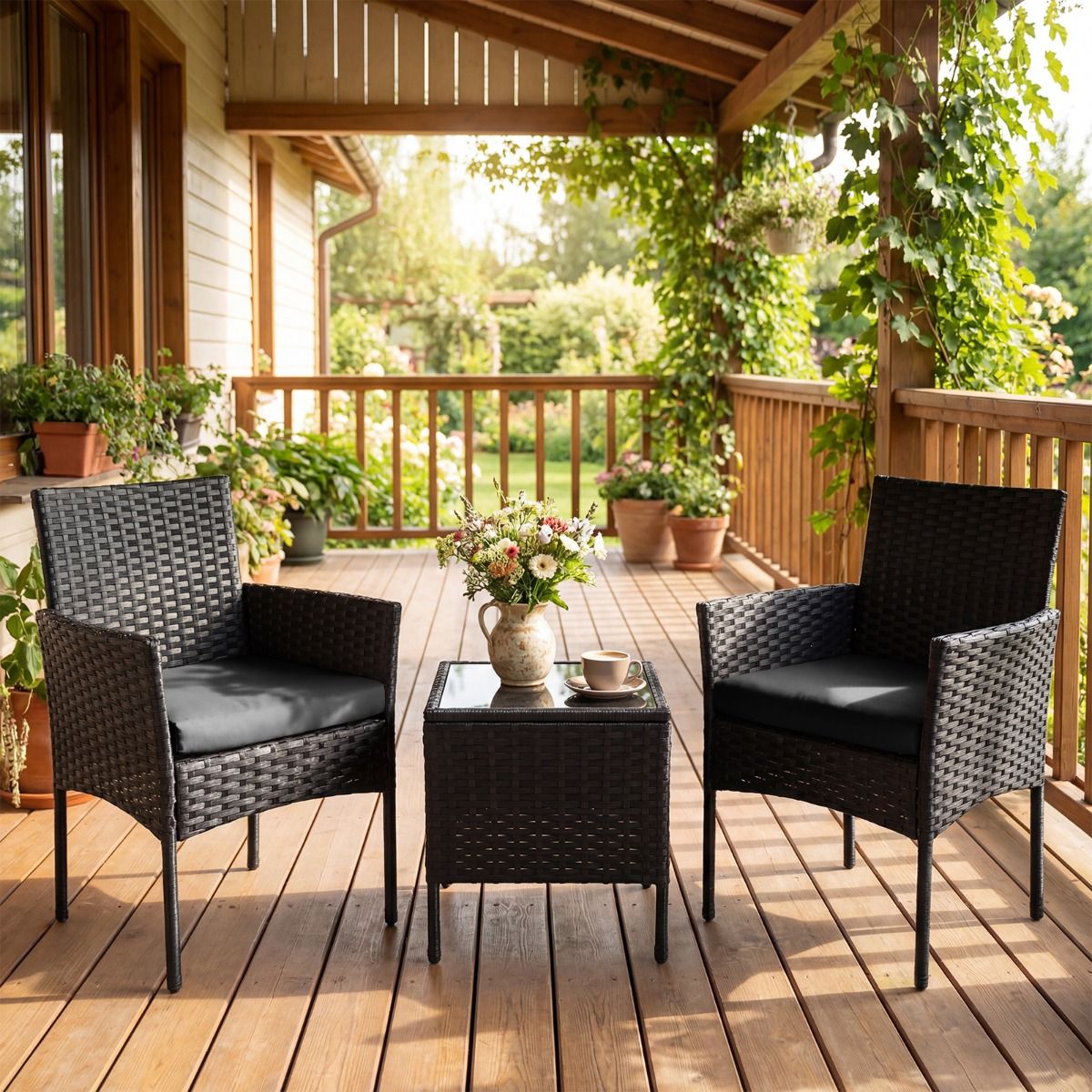 Ensemble de jardin Coast 3 pièces - 2 chaises et une table de jardin - rotin tressé à la main - noir