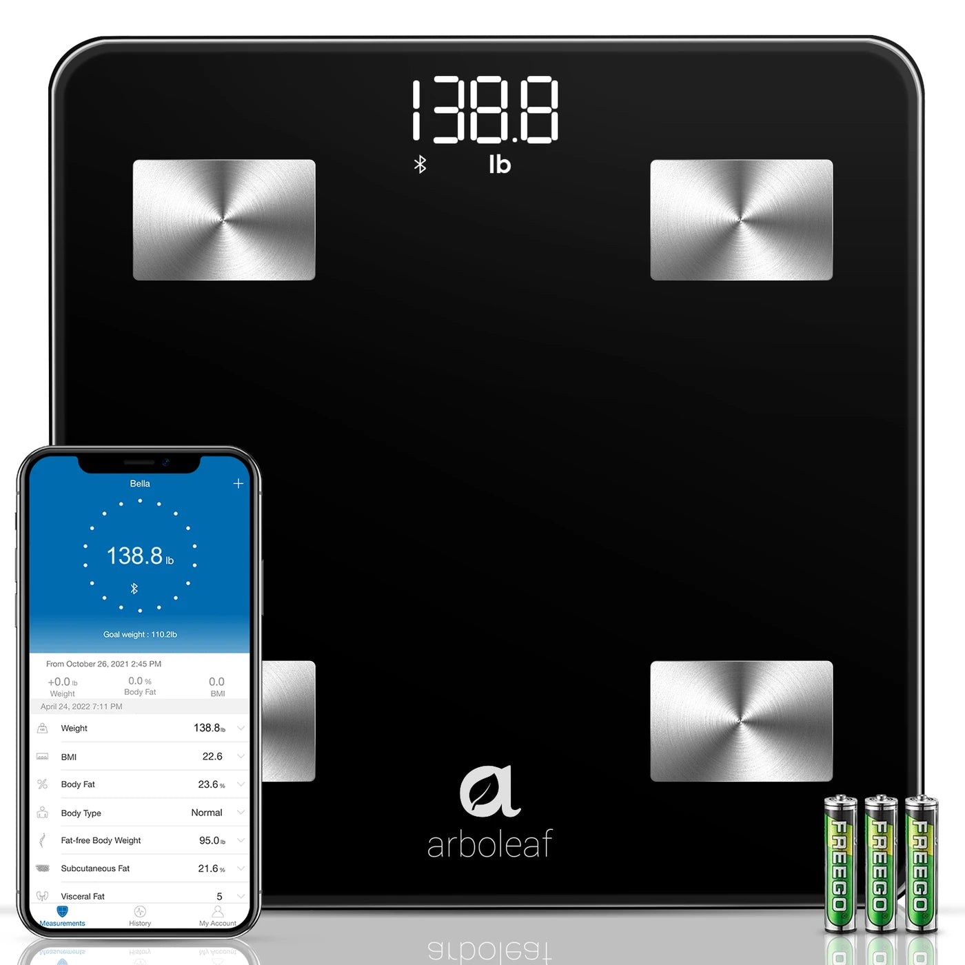 Pèse-personne intelligent Arboleaf CS20N - Bluetooth - 14 mesures corporelles - Analyse de l'IMC et de la masse musculaire - Application - Noir