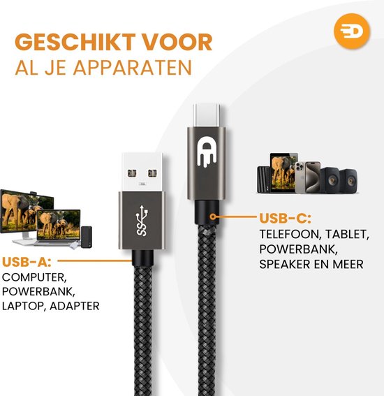 Drivv. Câble USB vers USB C - Chargeur rapide - Câble de données et de charge USB C - Court - 1 mètre - Convient à Samsung, iPhone 15 et autres - Gris moderne