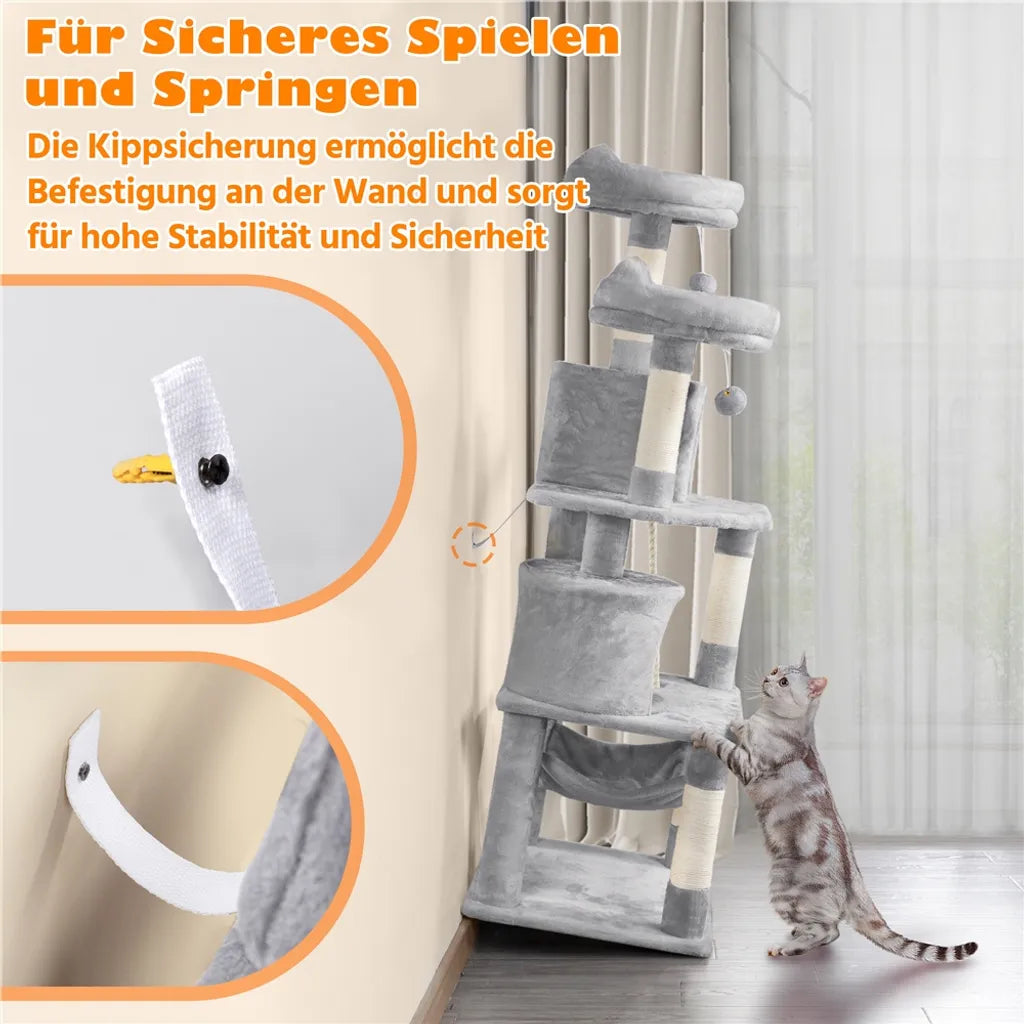 Arbre à chat Yaheetech 158 cm - Gris clair - Arbre à chat avec 2 grottes, un hamac et des poteaux en sisal