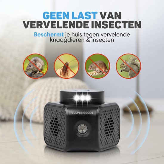 Vulpes Goods® Repellent - Répulsif pour souris - Répulsif à ultrasons - Répulsif pour l'intérieur - Répulsif pour rats - Contrôle des souris - 360 degrés & 4 modes - Répulsif pour nuisibles - PRO Black